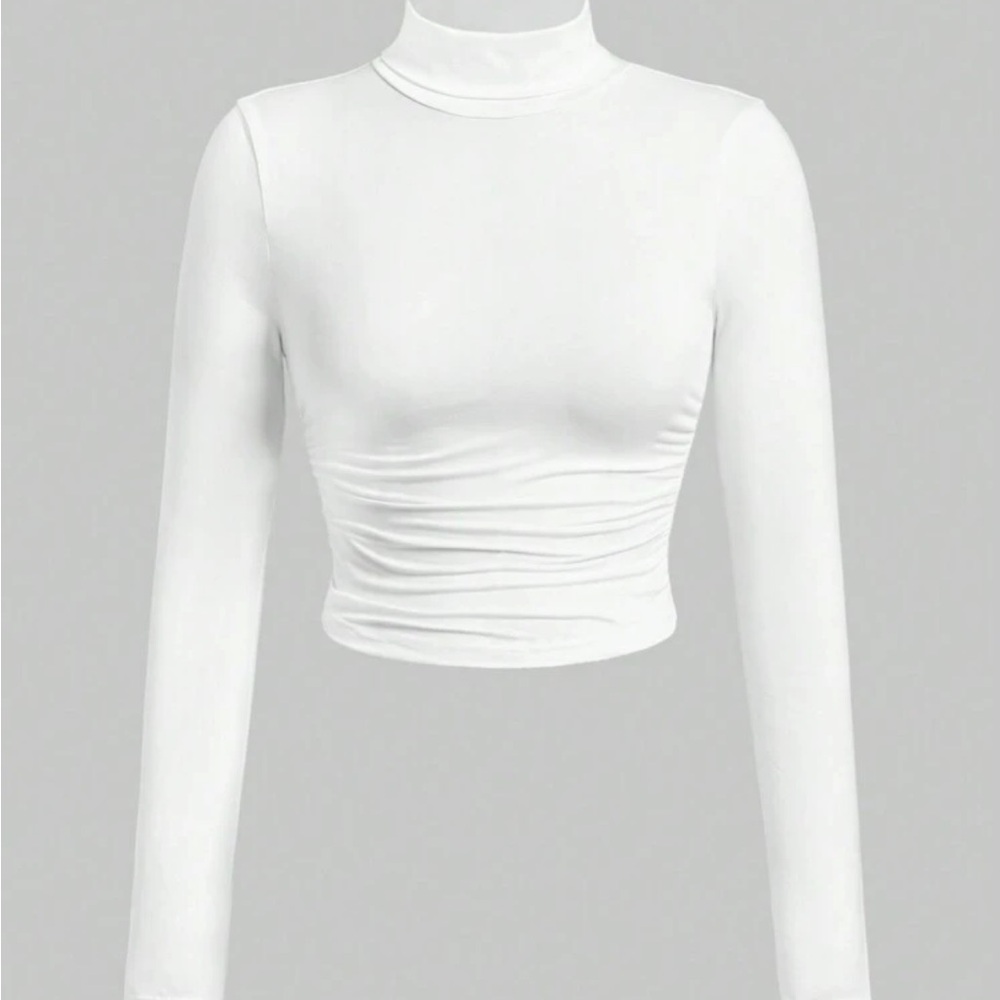 SHEIN White Ruched Fitted Mock Neck Top